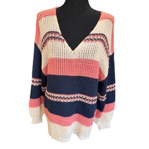 Altard State Striped Open Knit Sweater S Pink/Navy Oversized Beach Resort